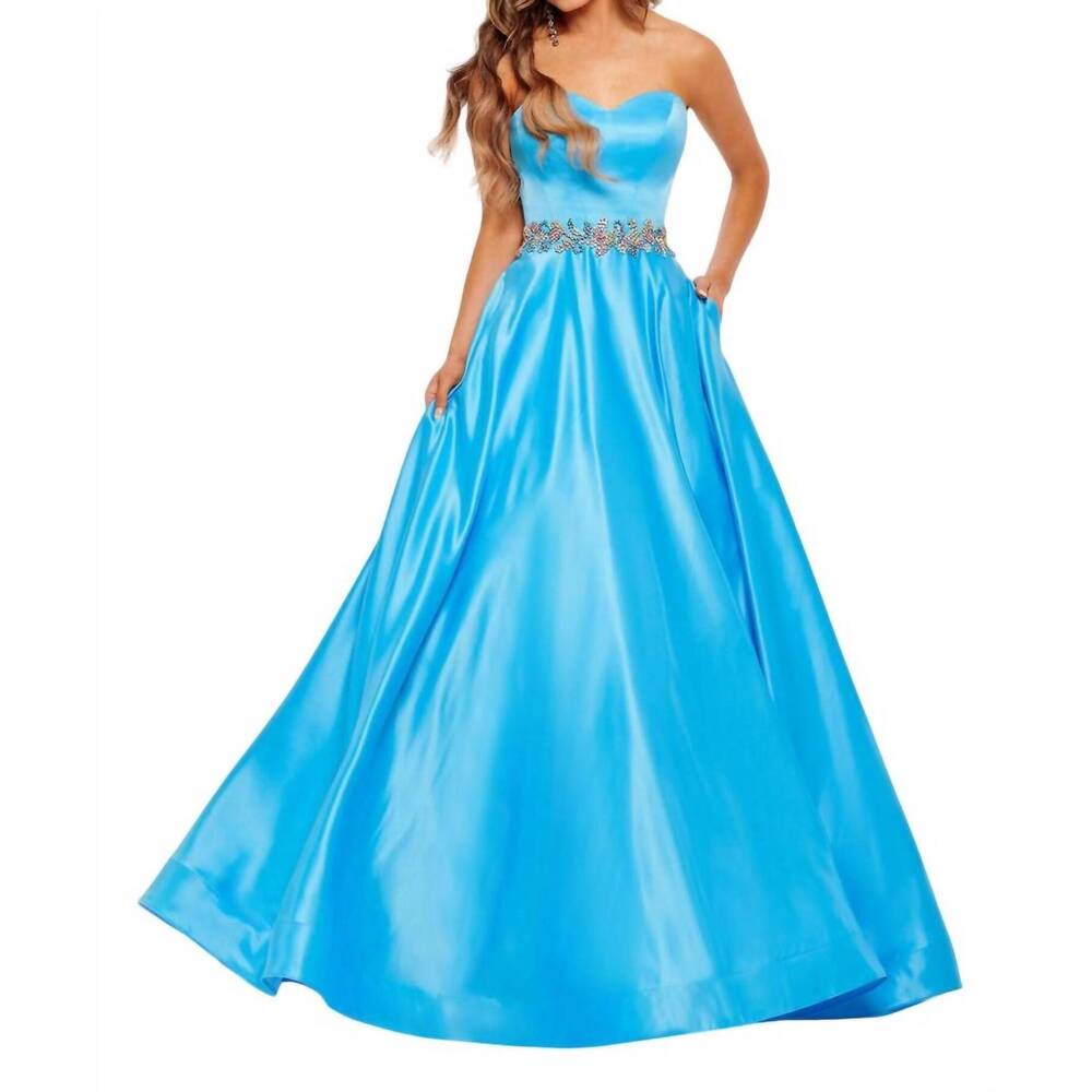 NEW RACHEL ALLAN strapless satin ballgown in turquoise